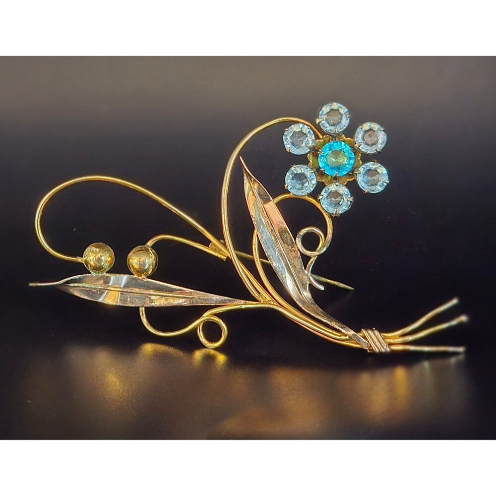 Vintage Designer Van Dell 12k Gold Filled On Sterling Blue Glass Flower Brooch